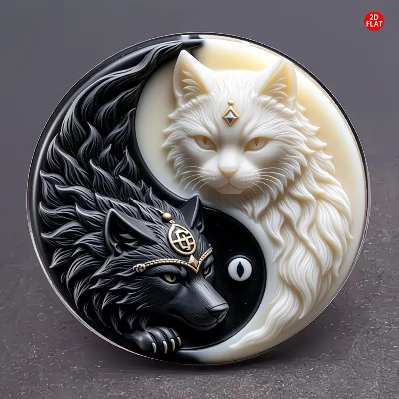 Yin Yang Wolf & Cat Brooch – Black Wolf White Cat Tai Chi Symbol Lapel Pin, Mystical Spiritual Jewelry, Witchy Aesthetic Gift for Men & Women